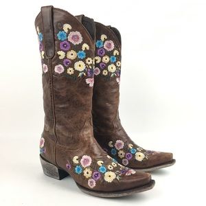 Lane Western Leather Boots Floral Embroidered 9.5